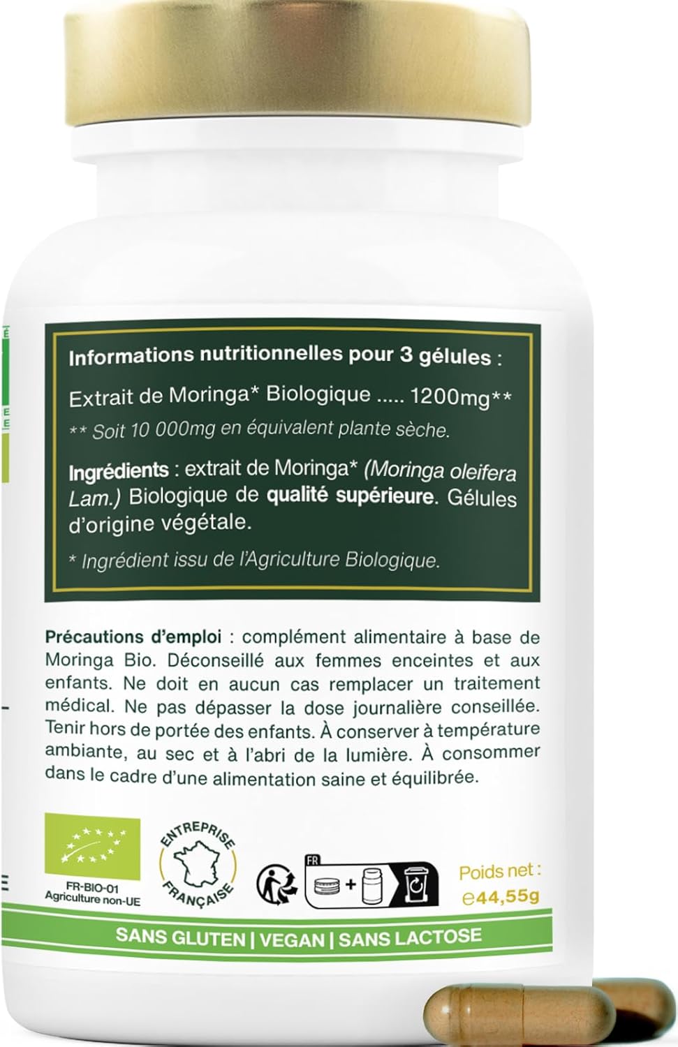 Moringa Oleifera BIO | Extra Fort, 10 000Mg Par Jour | 100% Naturel Et Pur | 90 Gélules Vegan De 400Mg | Qualité Supérieure