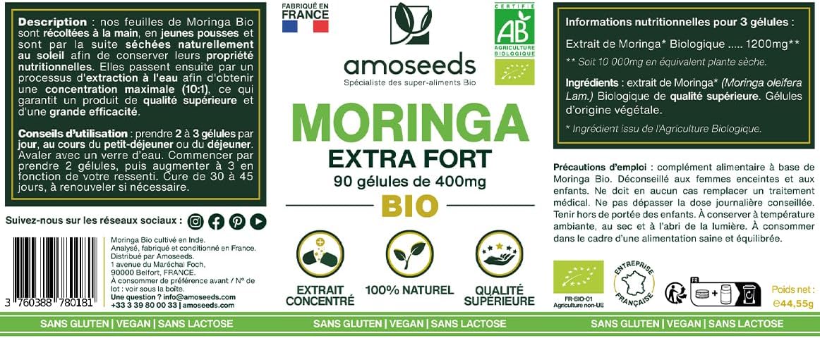 Moringa Oleifera BIO | Extra Fort, 10 000Mg Par Jour | 100% Naturel Et Pur | 90 Gélules Vegan De 400Mg | Qualité Supérieure