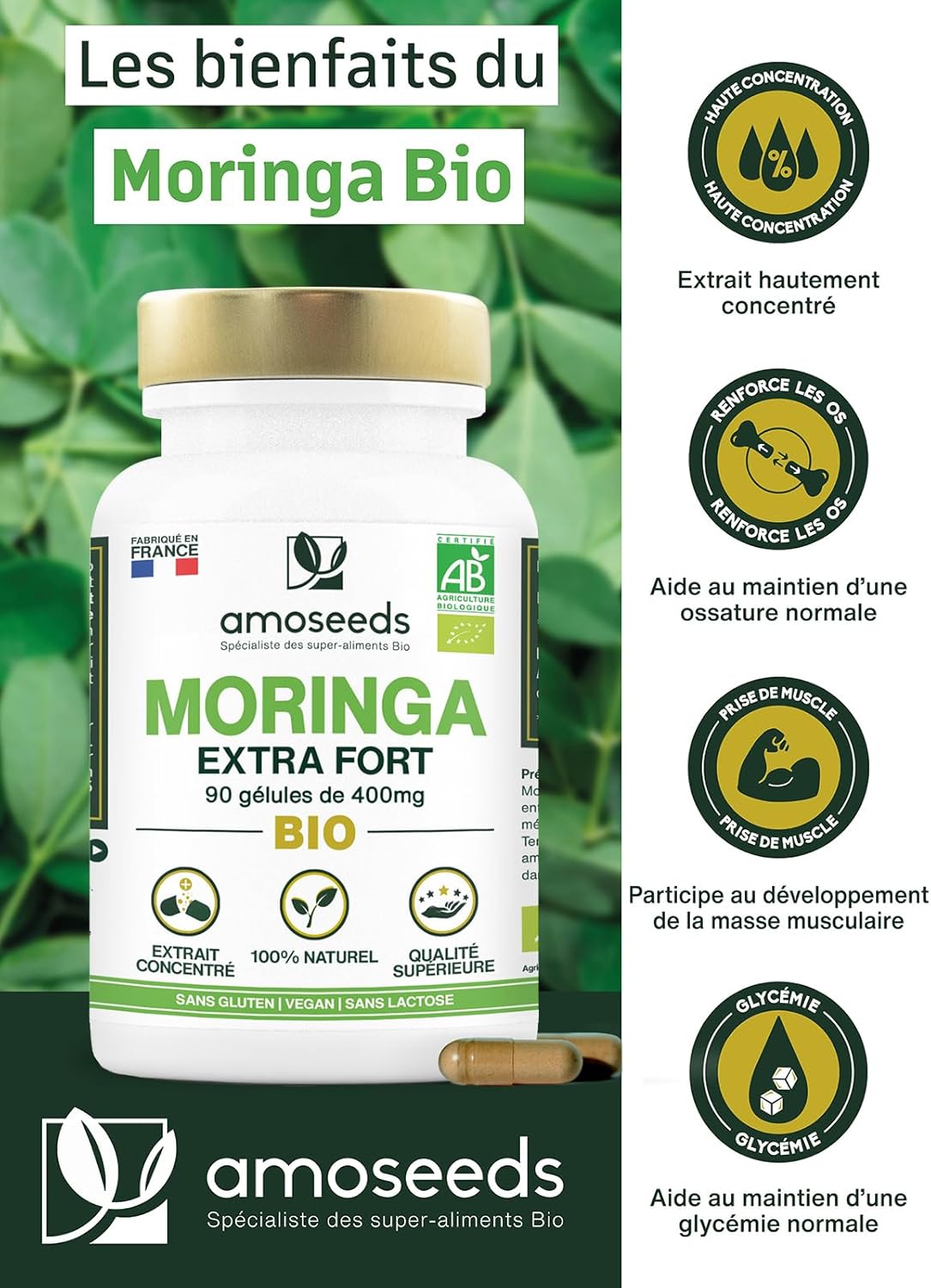 Moringa Oleifera BIO | Extra Fort, 10 000Mg Par Jour | 100% Naturel Et Pur | 90 Gélules Vegan De 400Mg | Qualité Supérieure